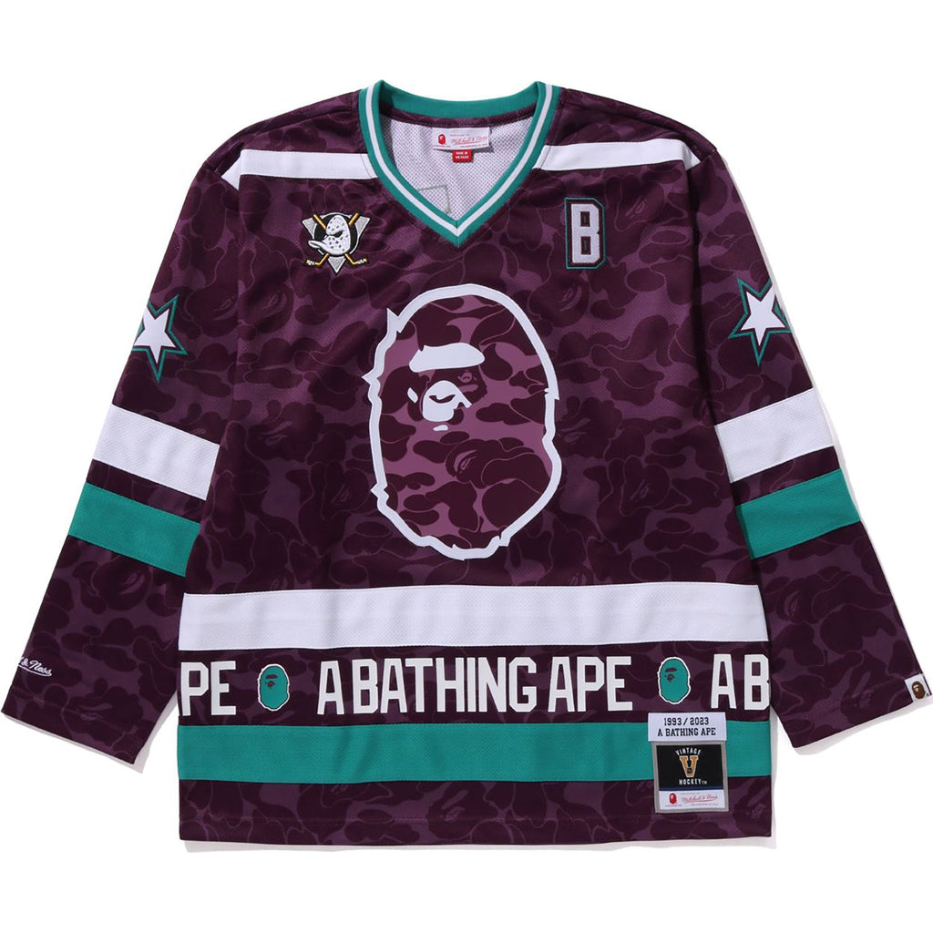 BAPE X MITCHELL & NESS NHL ANAHEIM DUCKS MESH HOCKEY JERSEY L/S TEE MENS