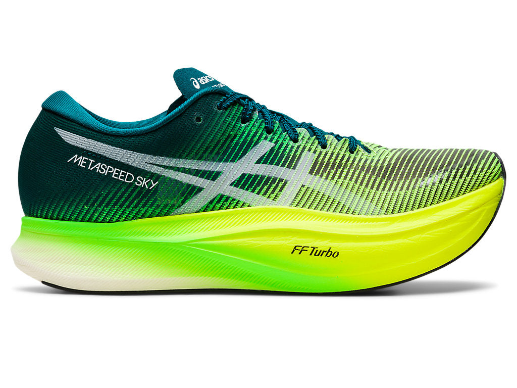 Women's Asics Metaspeed Sky+, Velvet Pine/Safety Yellow, 8 B Medium