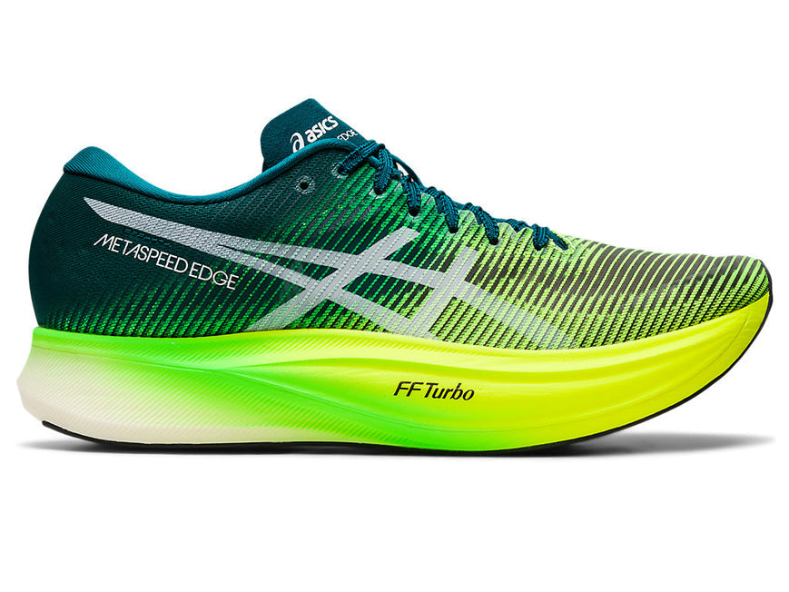 Women's Asics Metaspeed Edge+, Velvet Pine/Safety Yellow, 8 B Medium