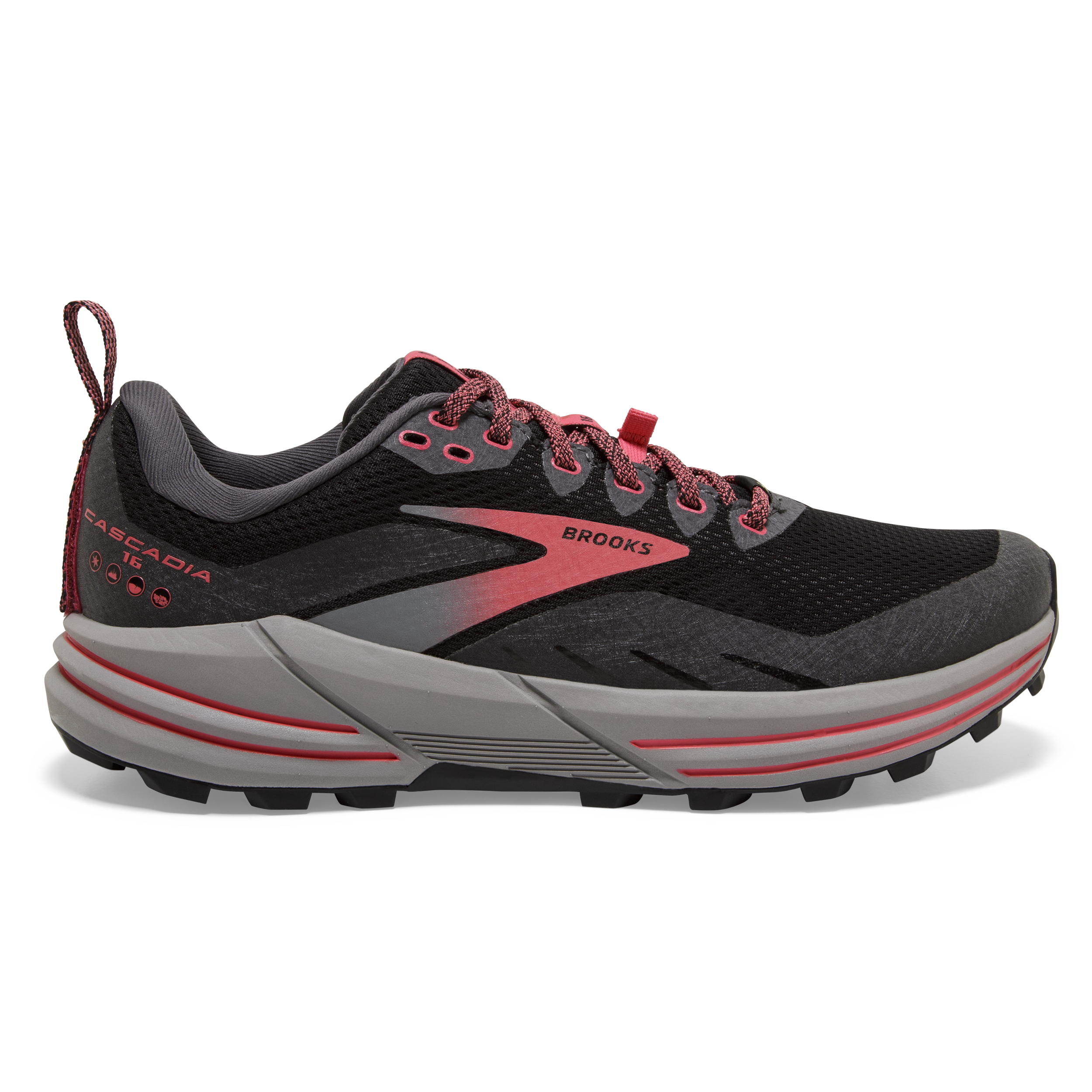 Women's Brooks Cascadia 16 GTX, Black/Blackened Pearl/Coral, 8 B Medium