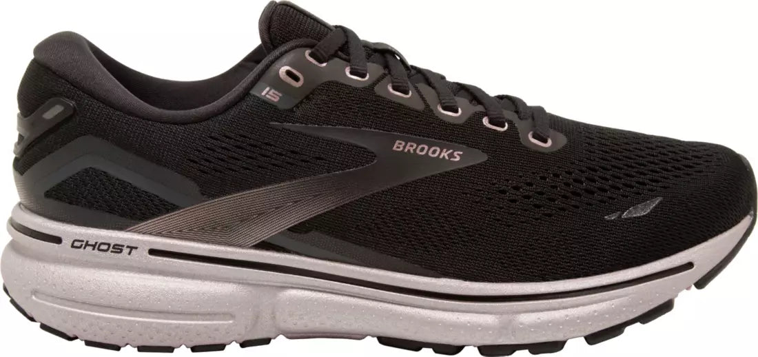 Women's Brooks Ghost 15, Black/Rose Gold, 6.5 B Medium