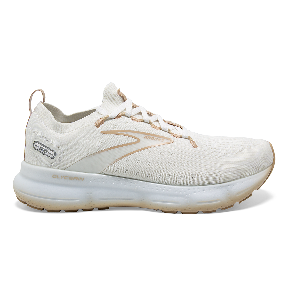 Men's Brooks Glycerin StealthFit 20, White/Khaki, 11.5 D Medium