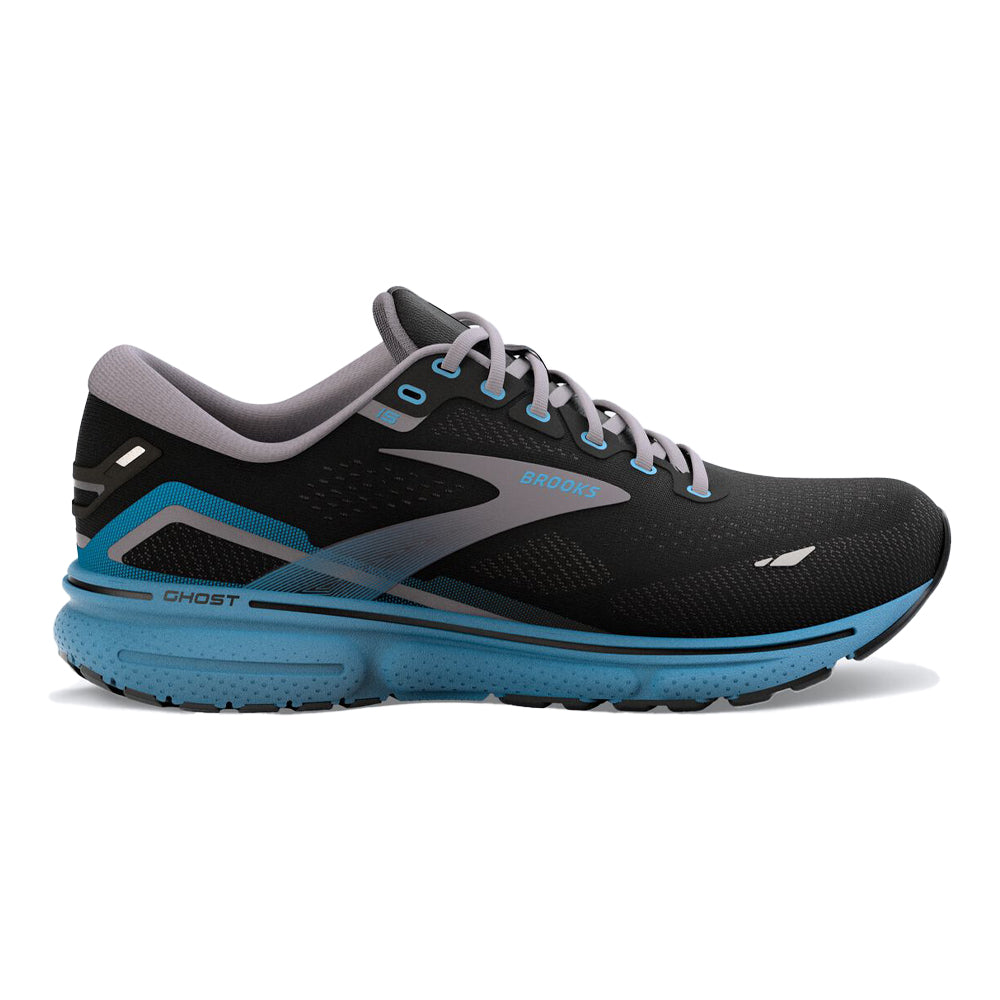 Men's Brooks Ghost 15, Black/Blackened Pearl/Blue, 7 D Medium
