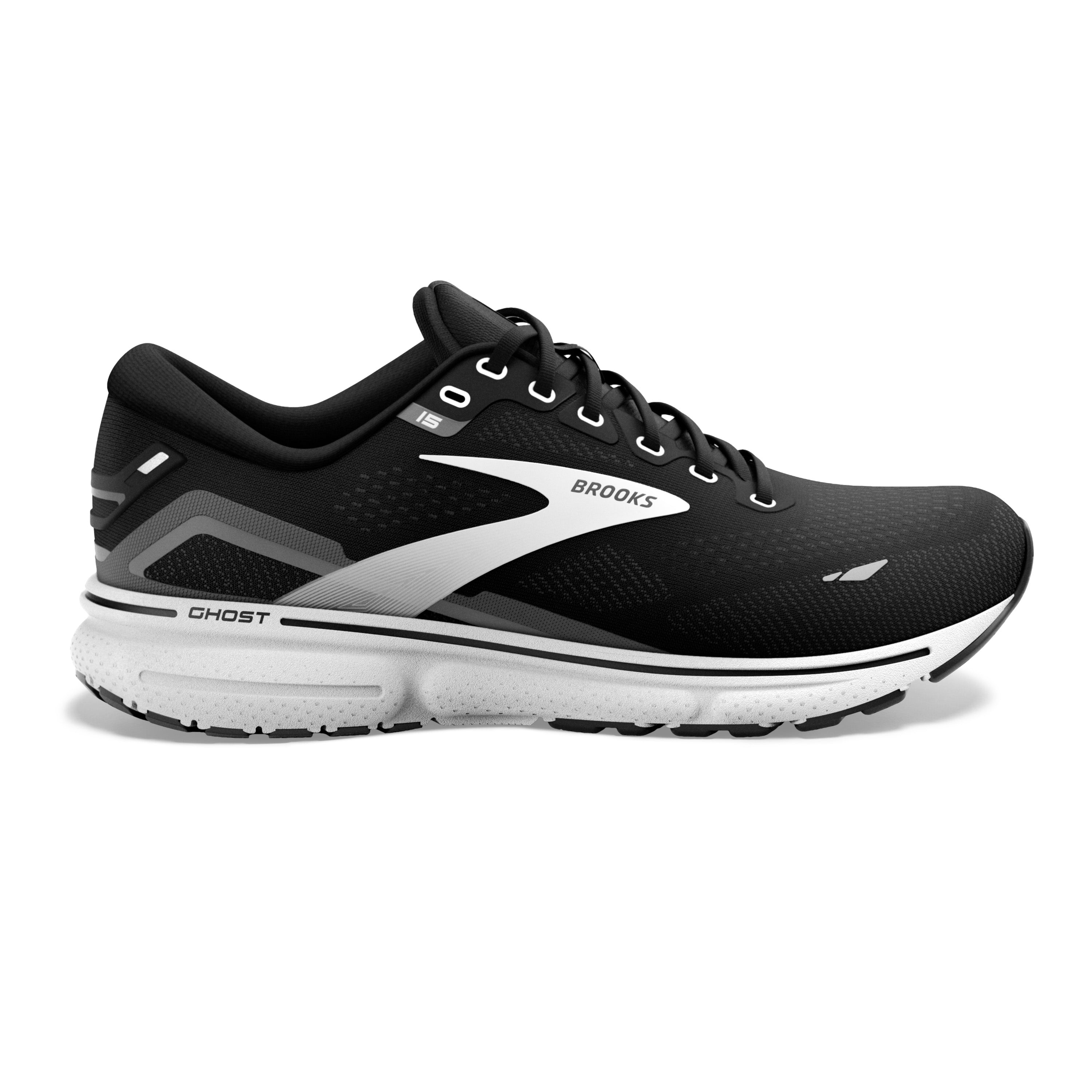 Men's Brooks Ghost 15, Black/Blackened Pearl/White, 7.5 2E Wide