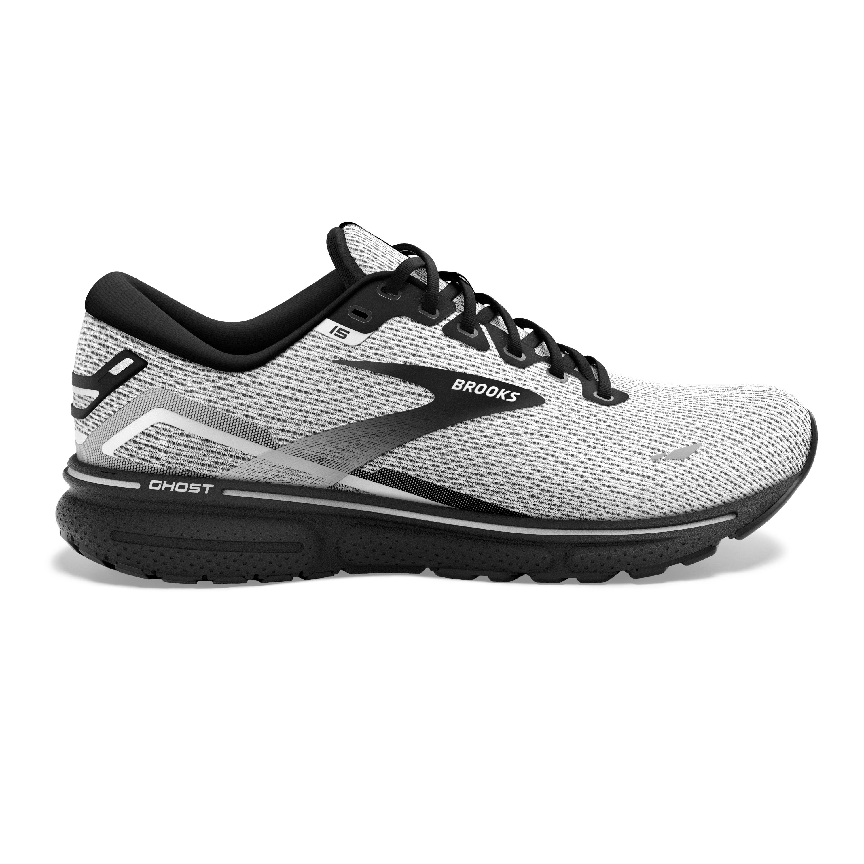 Men's Brooks Ghost 15, White/Black, 13 D Medium
