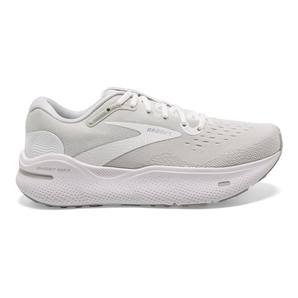 Men's Brooks Ghost Max, White/Oyster/Metallic Silver, 11 2E Wide