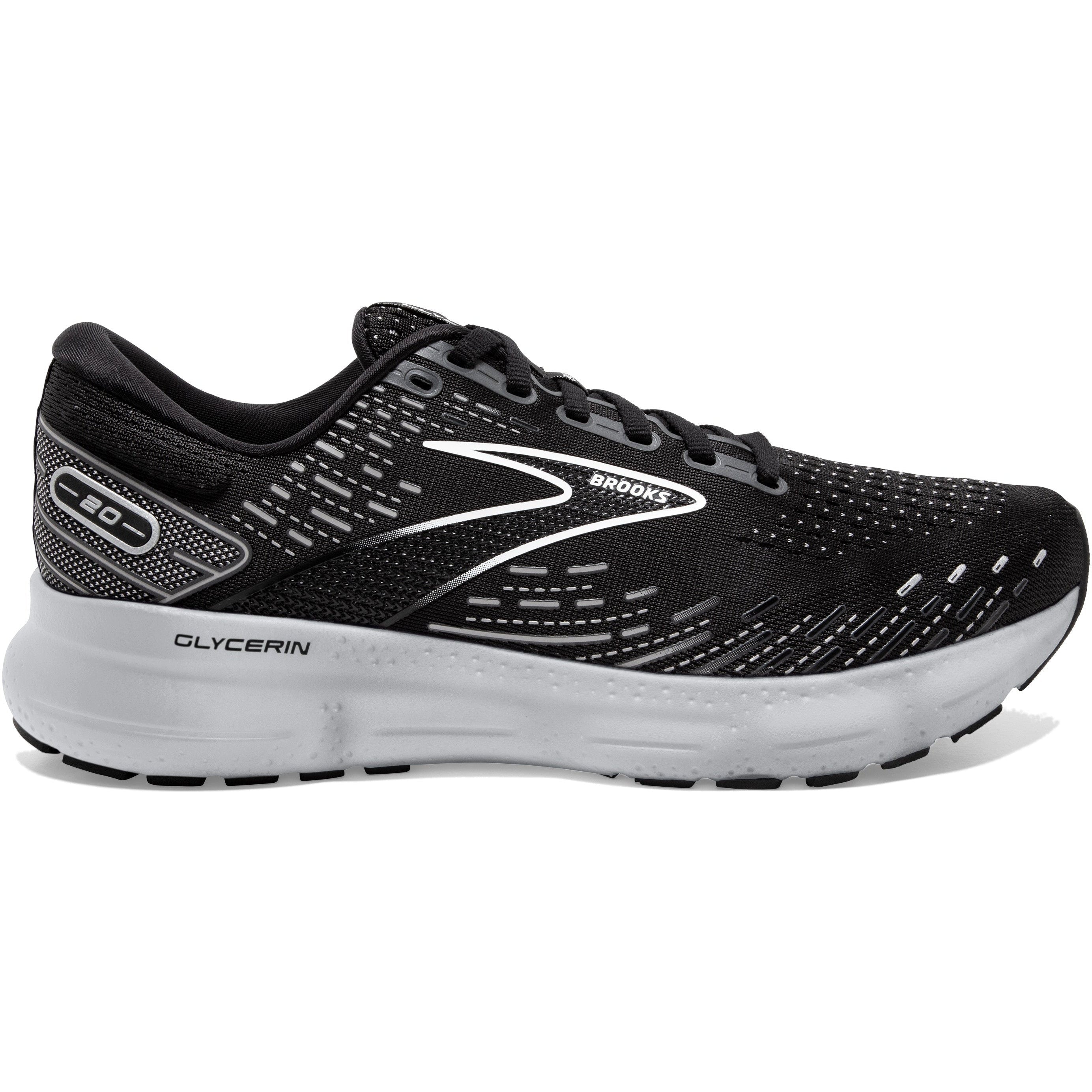 Men's Brooks Glycerin 20, Black/White/Alloy, 13 D Medium