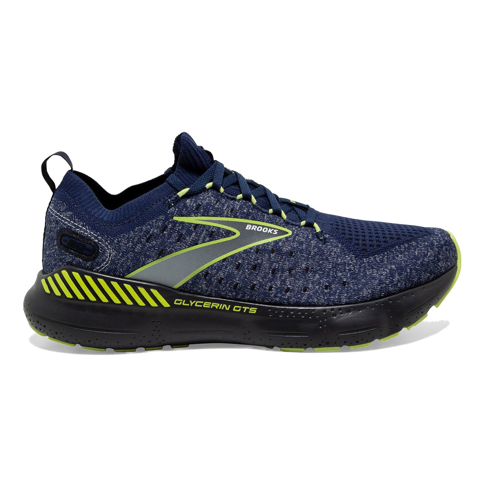 Men's Brooks Glycerin StealthFit GTS 20, Blue/Ebony/Lime, 8 D Medium