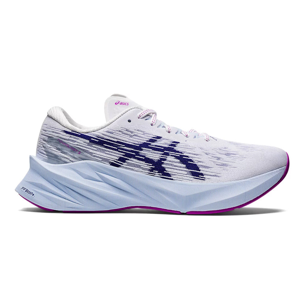 Women's Asics Novablast 3, White/Dive Blue, 8.5 B Medium