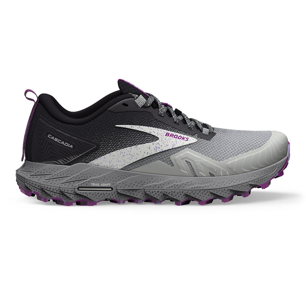 Women's Brooks Cascadia 17, Oyster/Blackened Pearl/Purple, 8.5 D Wide