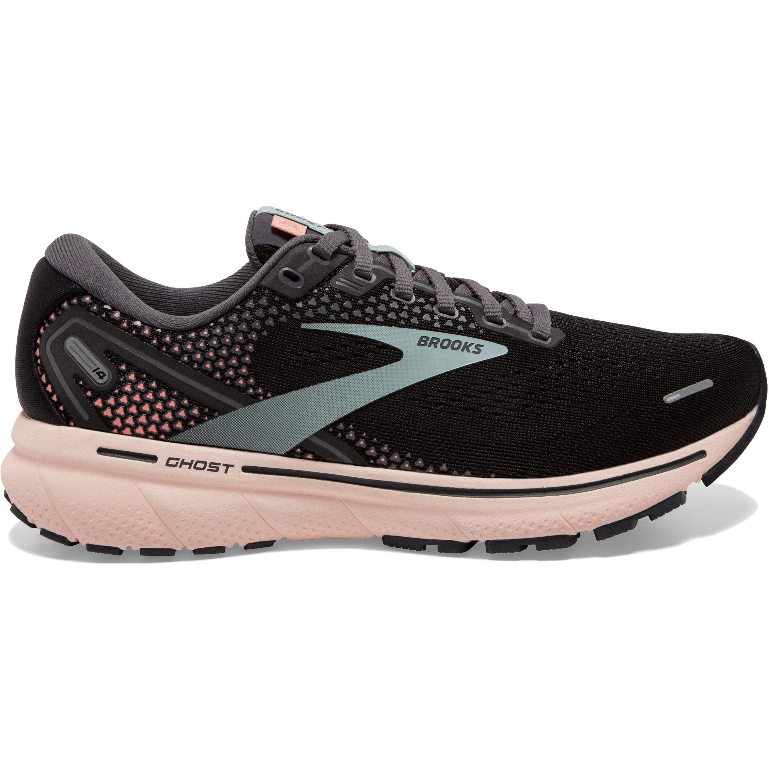 Women's Brooks Ghost 14, Black/Pearl/Peach, 11.5 B Medium