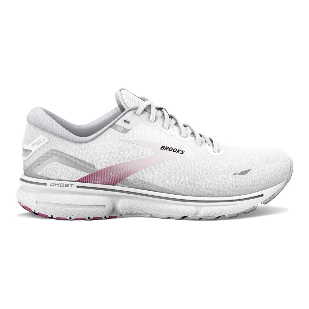 Women's Brooks Ghost 15, White/Oyster/Viola, 6 B Medium