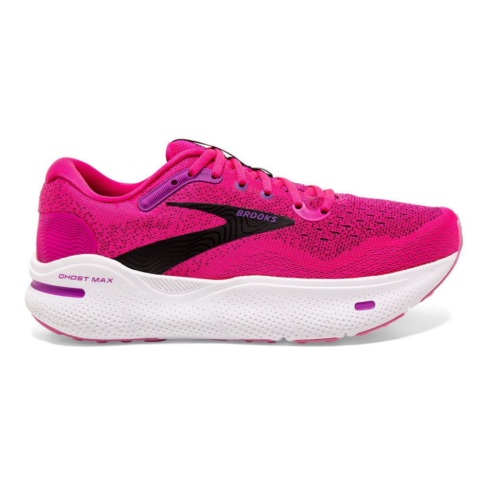 Women's Brooks Ghost Max, Pink Glo/Purple/Black, 6.5 B Medium
