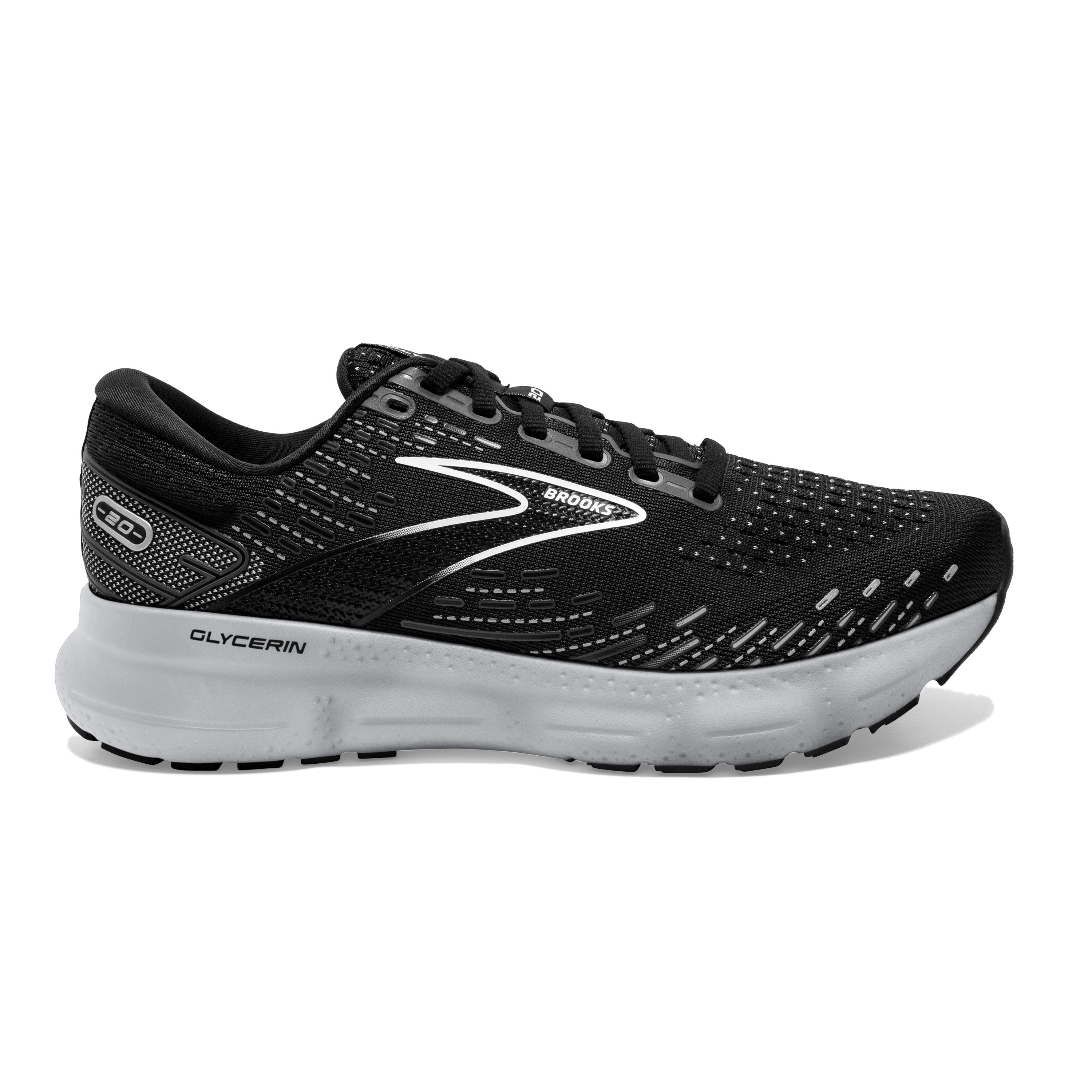 Women's Brooks Glycerin 20, Black/White/Alloy, 8 D Wide