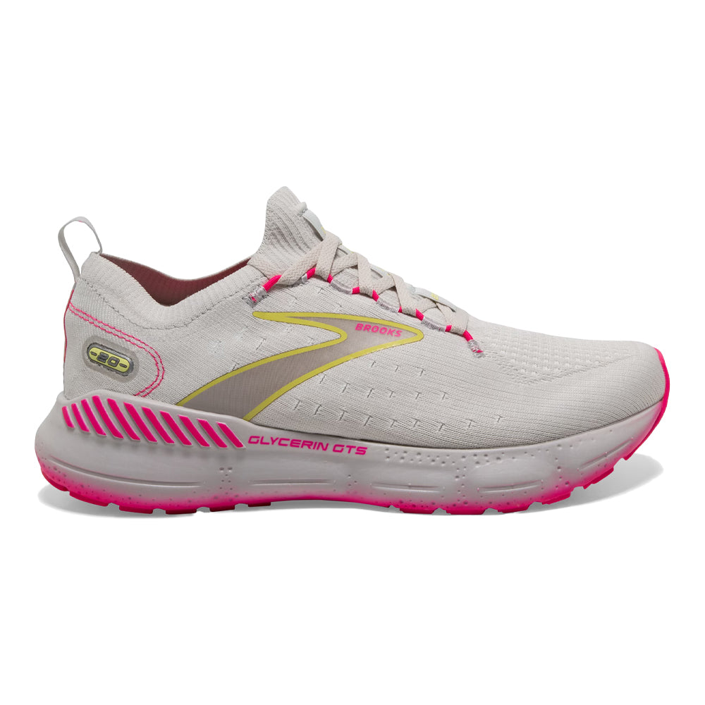Women's Brooks Glycerin StealthFit GTS 20, Grey/Yellow/Pink, 10.5 B Medium