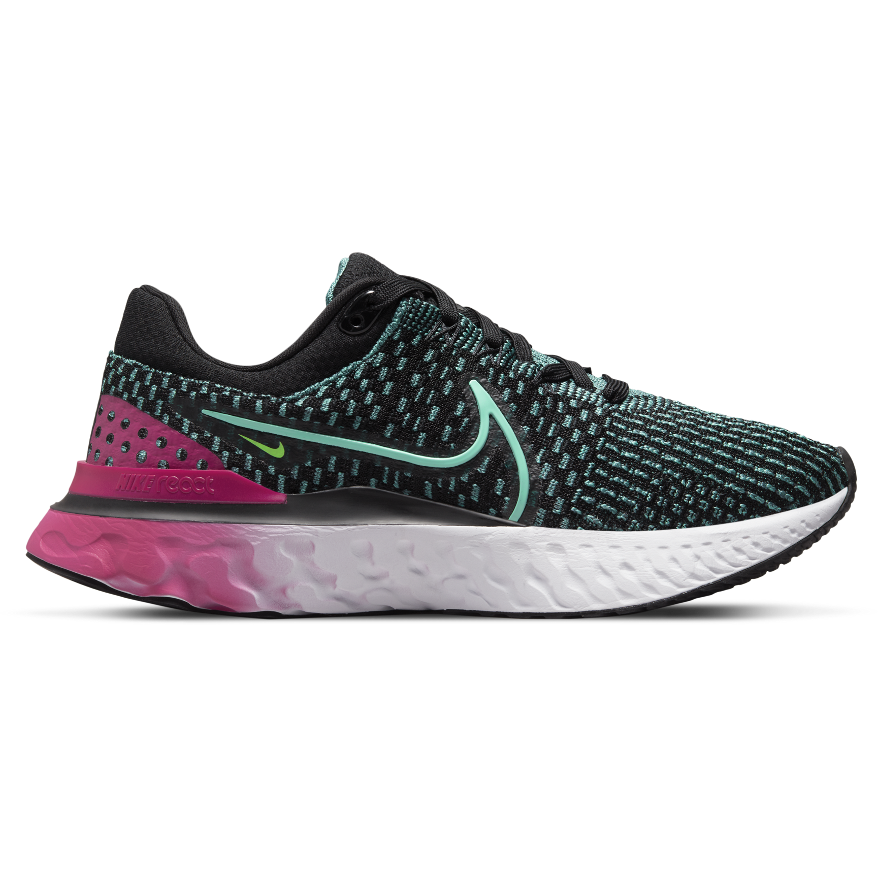 Women's Nike React Infinity Run Flyknit 3, Black/Dynamic Turquoise-Pink Prime, 9 B Medium