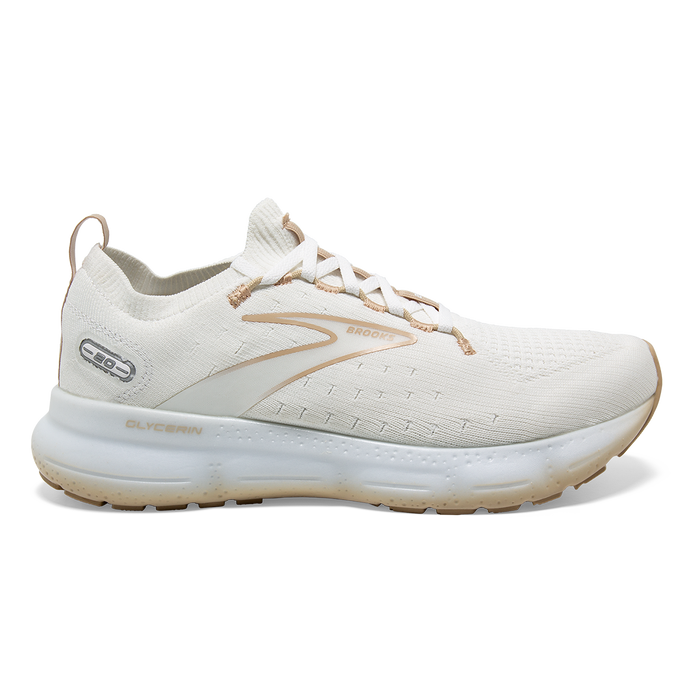 Women's Brooks Glycerin StealthFit 20, White/Khaki, 8.5 B Medium